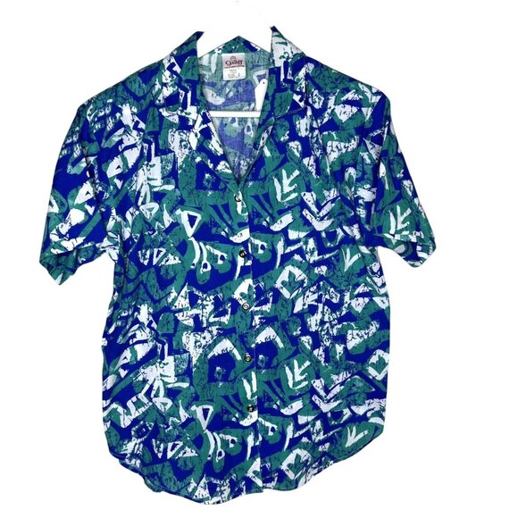 Vintage 80s Graff Californiawear Blue & Green Abstract Print Short Sleeve Blouse - Picture 1 of 7
